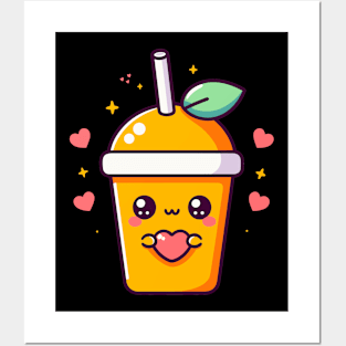 Cute Mango Milkshake Holding a Heart | I Love You in Kawaii Style | Kawaii Food Posters and Art